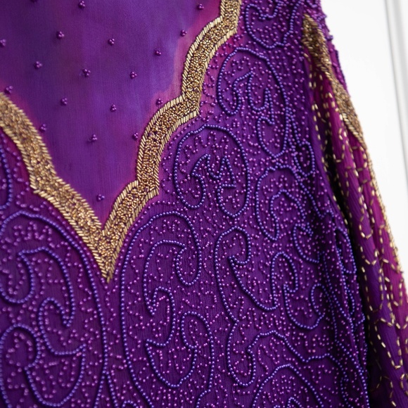 VTG Beaded Purple 100% Silk Plus Size Flapper Dress French Long Sleeve Floor - Picture 3 of 8